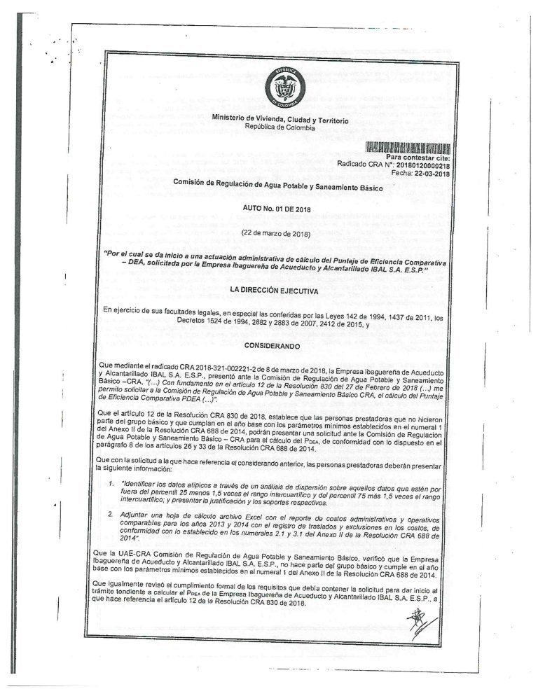Auto N. 01 de 2018 Comisión de Regulación de Agua Potable y Saneamiento Básico –CRA