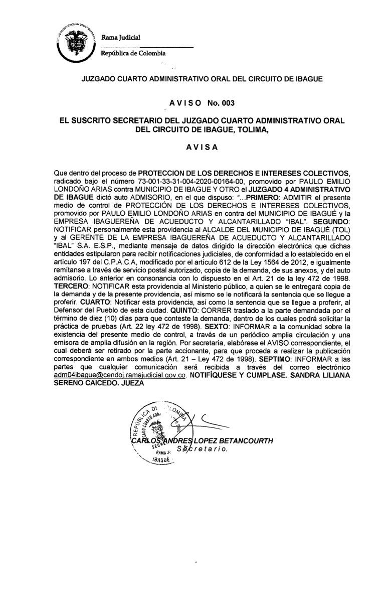 Aviso Acción Popular de PABLO EMILIO LONDOÑO ARIAS, RAD.2020-00164