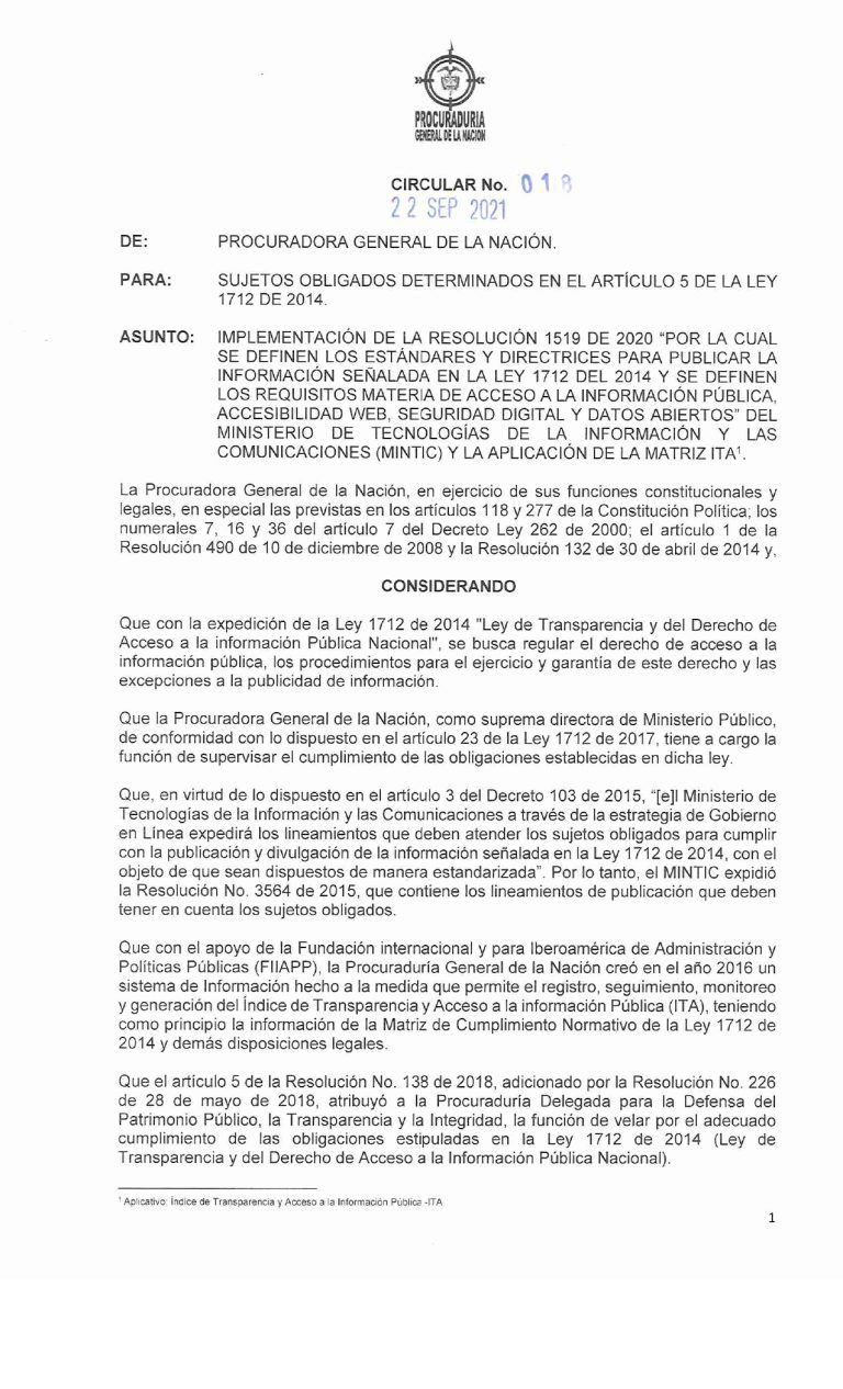 Circular N. 018 del 22 de septiembre de 2021 Procuraduría General de la Nación