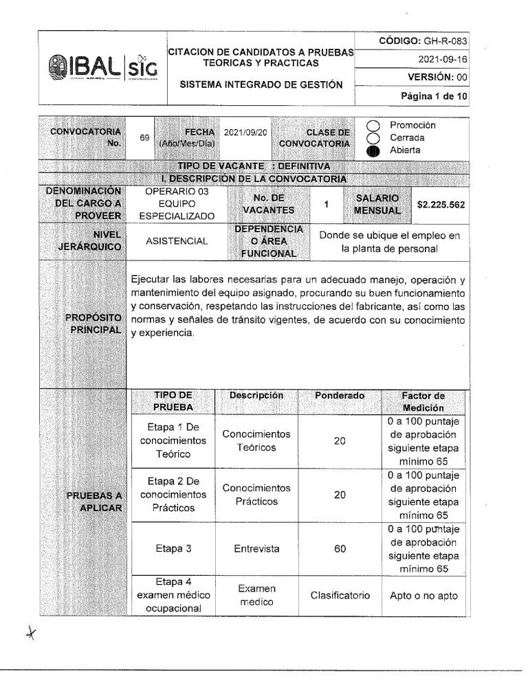 Convocatoria N. 69 de 2021