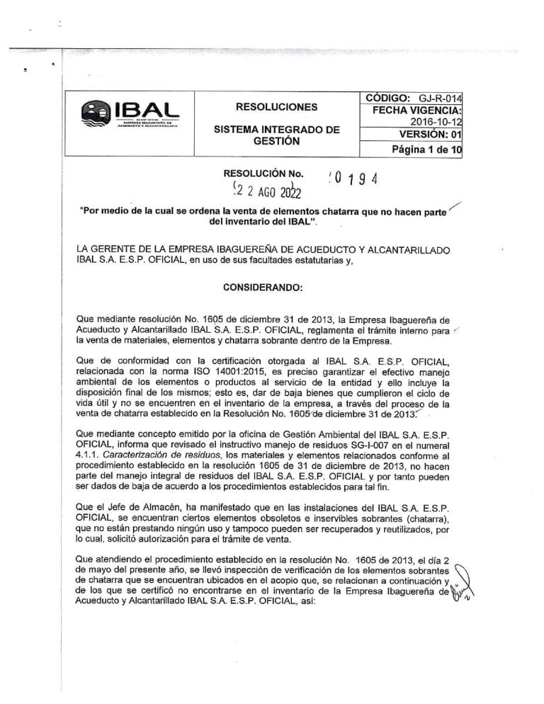 Resolución N. 0194 de 2022 ” Por medio de la cual se ordena la venta de elementos chatarra que no hacen parte del inventario del IBAL