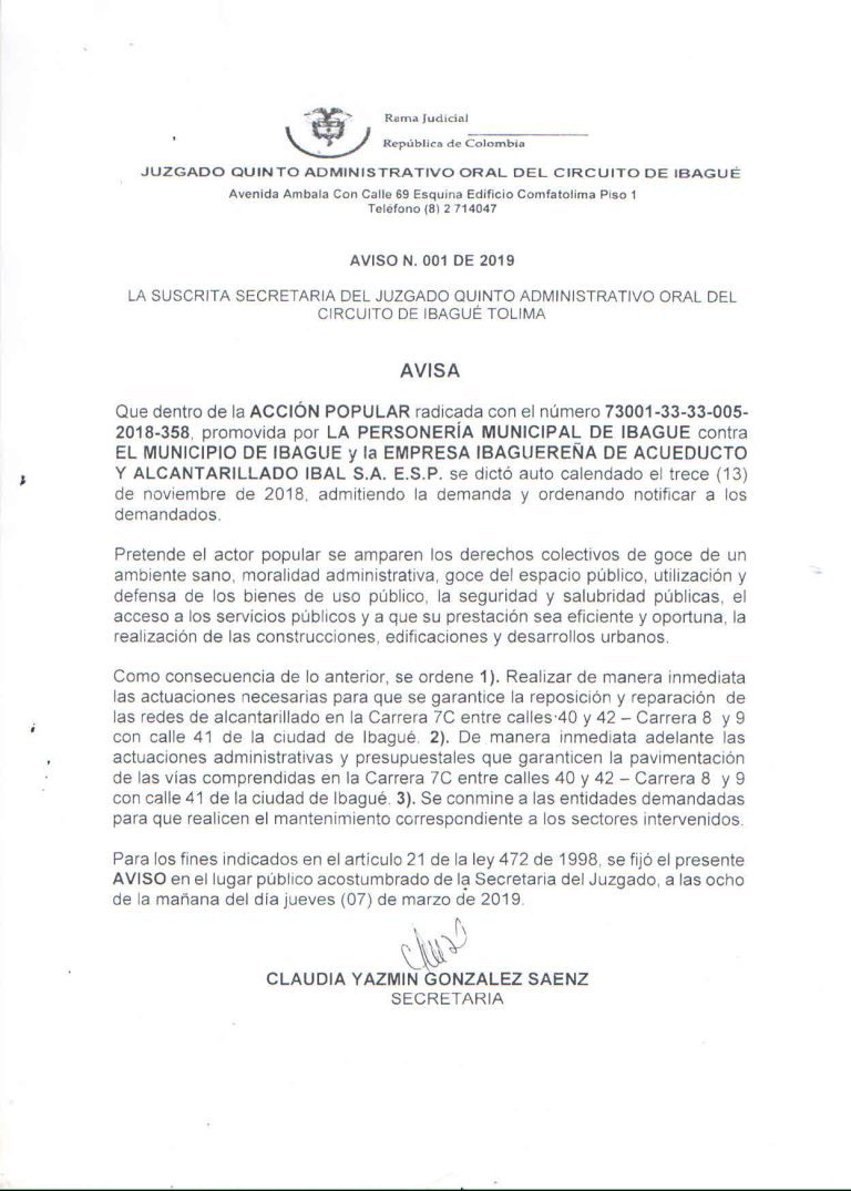 Aviso Acción Popular de Personeria Municipal de Ibagué contra la Empresa IBAL SA ESP OFICIAL