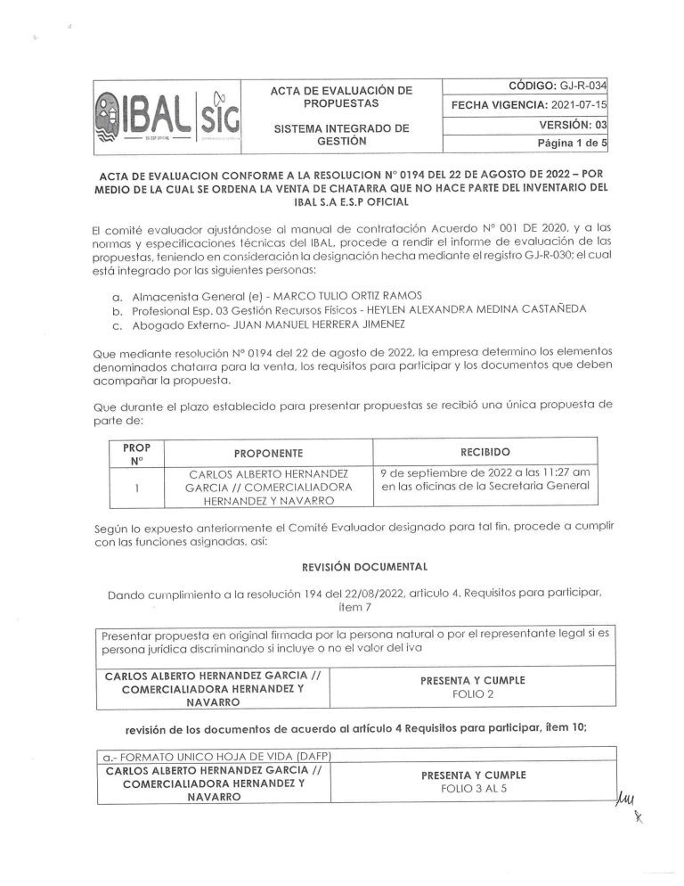 Acta de Evaluación Proceso venta de chatarra