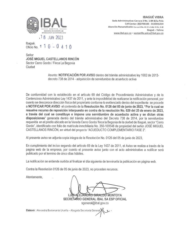 Notificación por Aviso JOSE MIGUEL CASTELLANOS RINCON