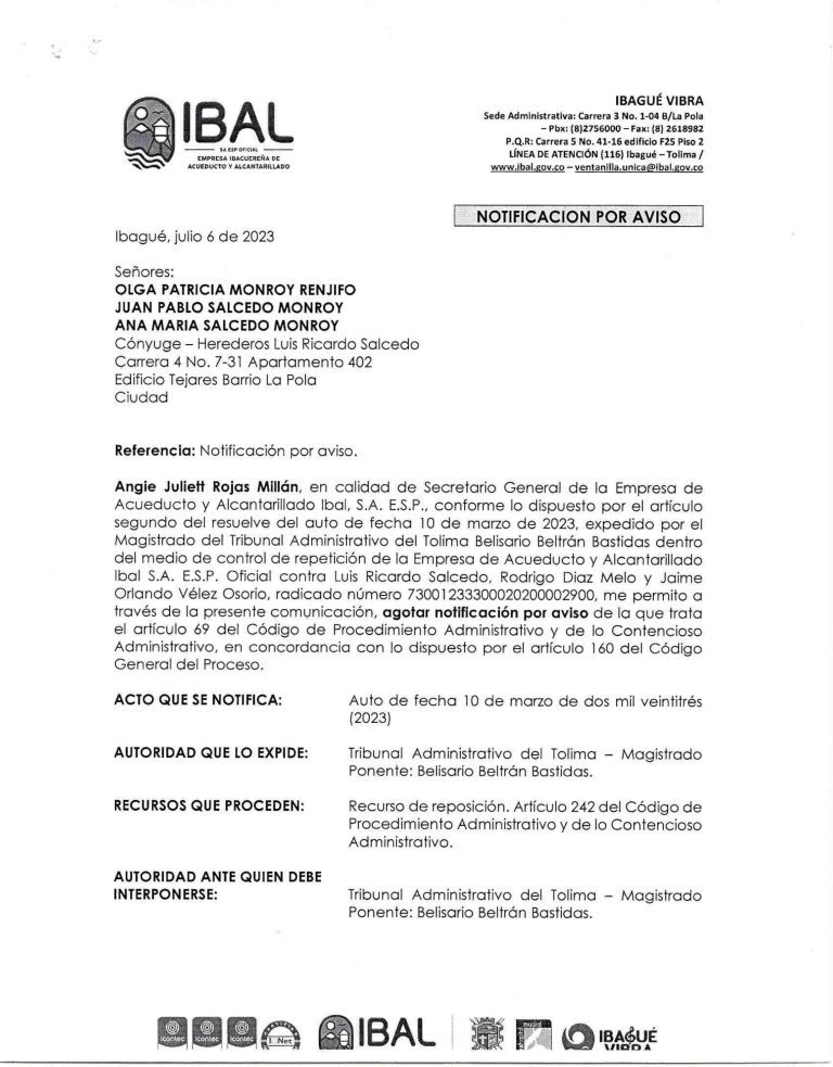 Notificación por aviso Luis Ricardo Salcedo, Rodrigo Diaz Melo y Jaime Orlando Vélez Osorio